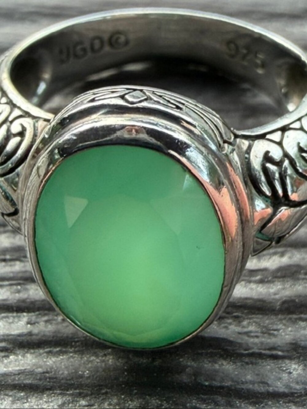 Vintage Sterling Ring Rose Cut Green Chalcedony Janice Girardi Designs Size 10 - Picture 9 of 13